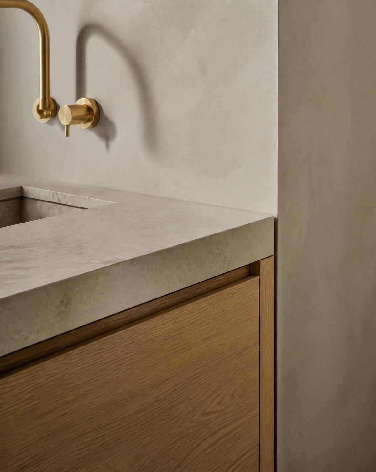 Stone benchtop, oak joinery and brushed tapware detail