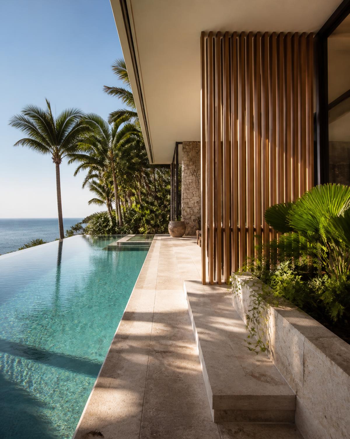 Pool and travertine terrace with timber screening