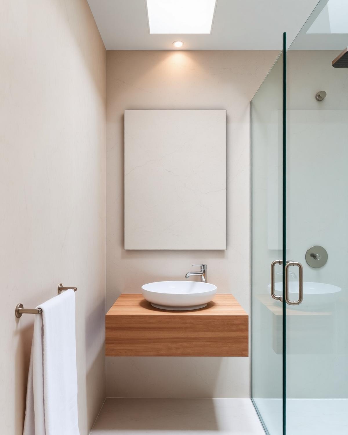 Premium bathroom with stone walls and floating oak vanity