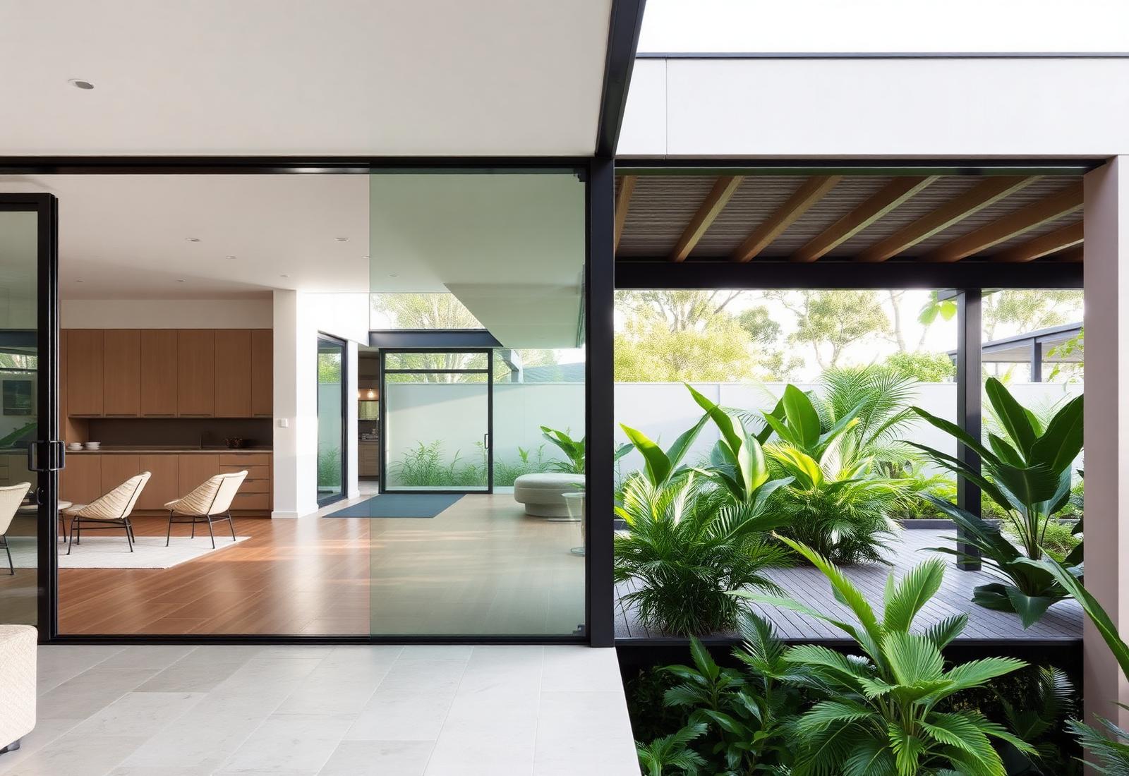Indoor to outdoor connection with full-height glazing and covered timber deck