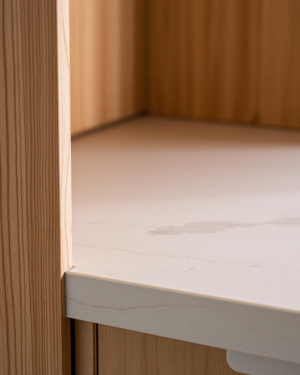 Natural stone and solid oak joinery detail with fine shadow line