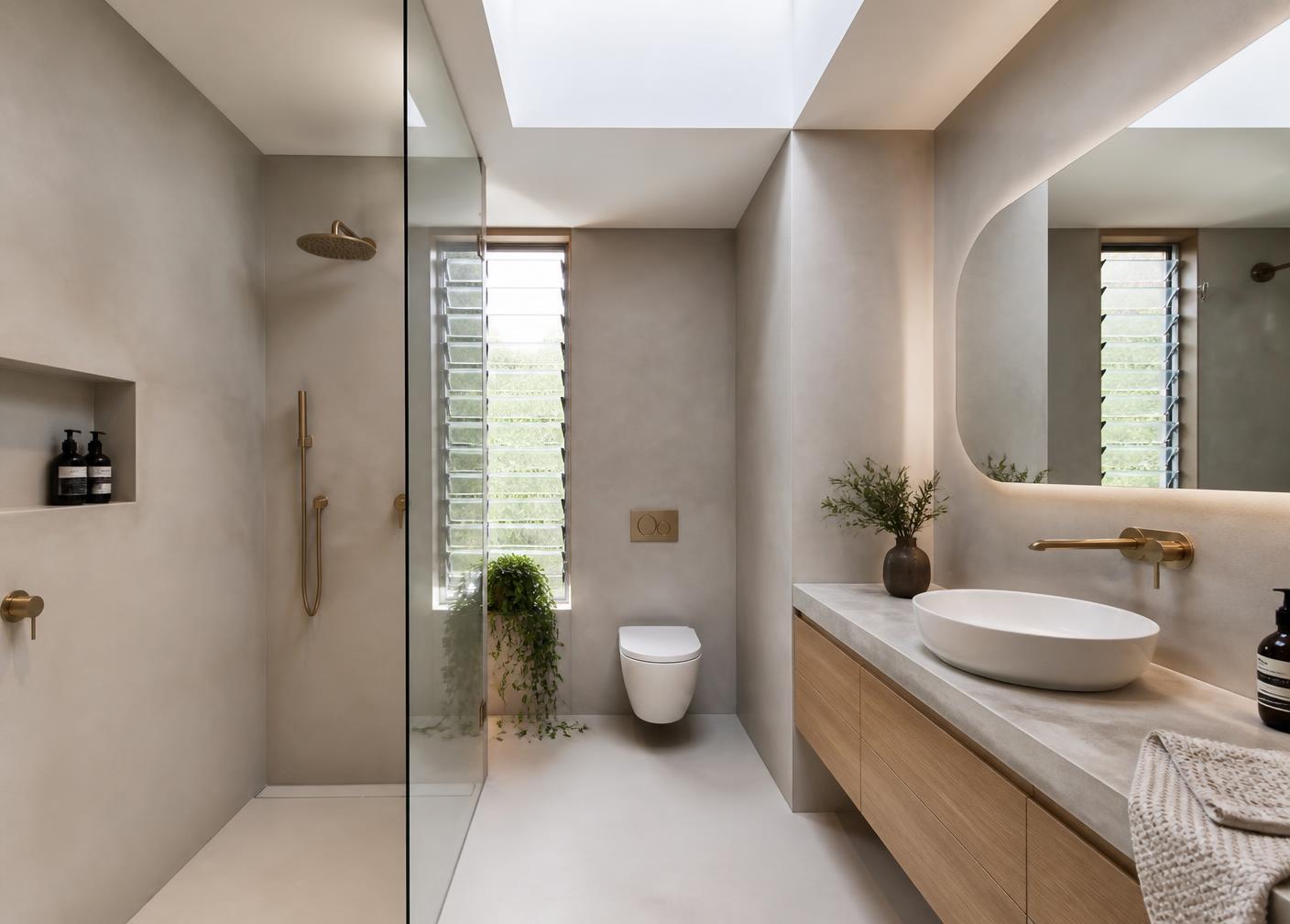 Contemporary bathroom renovation with microcement walls and oak vanity
