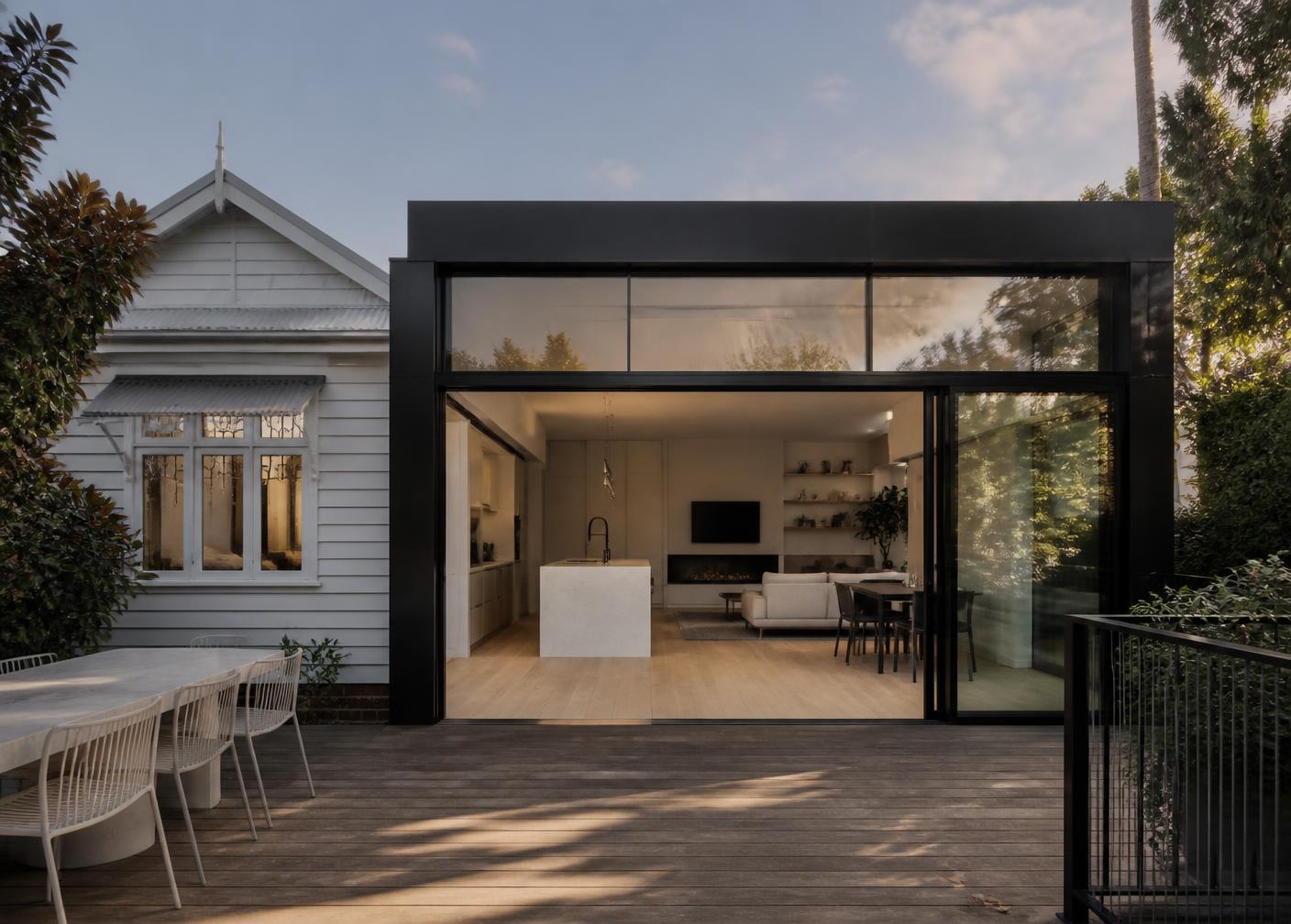 Rear extension connecting an existing character home to a timber deck