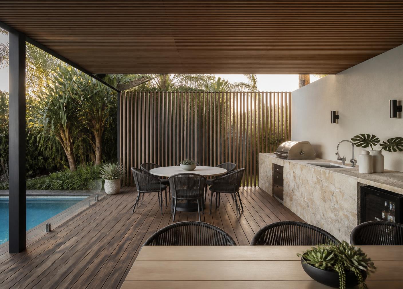 Covered alfresco entertaining area with timber deck, outdoor kitchen and pool